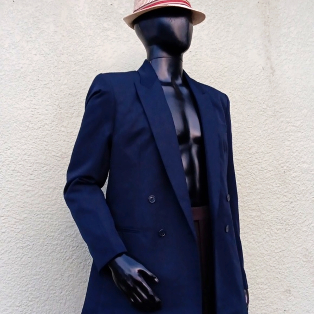 HUGO VALENTINO MEN'S DOUBLE-BREASTED NAVY LUX BLAZER